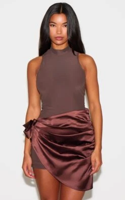 Prettylittlething Chocolate Woven High Neck Satin Drape Mini Dress