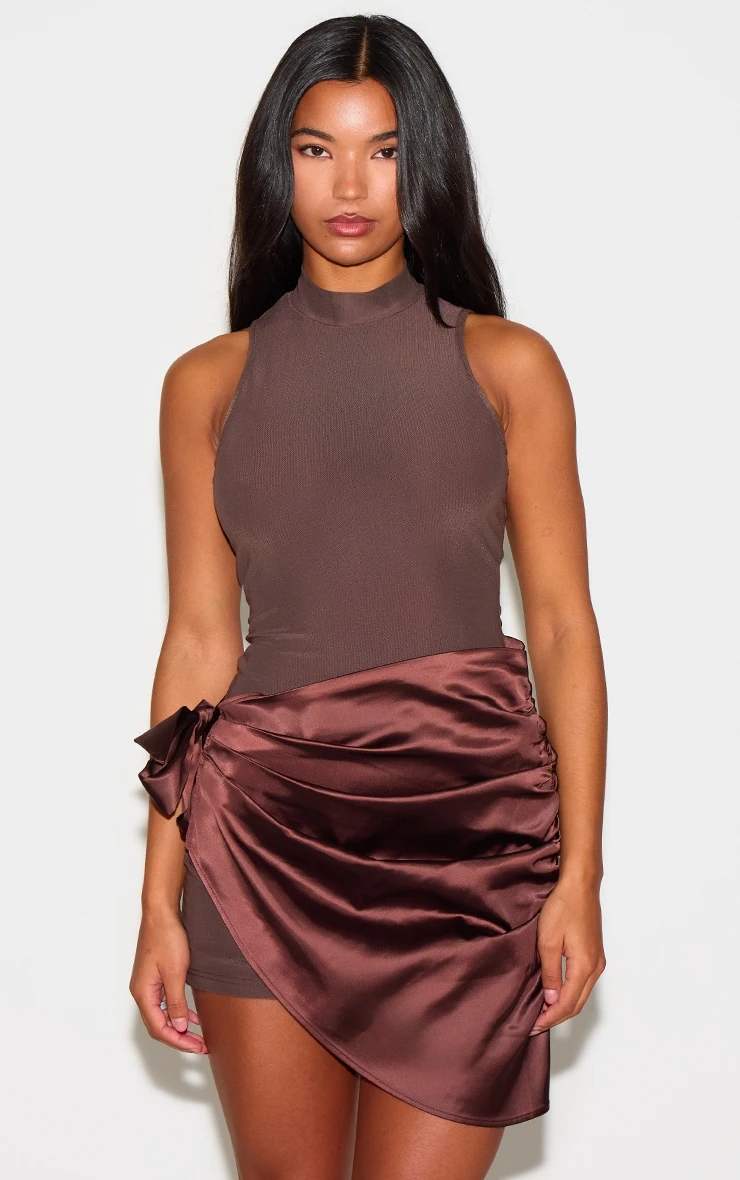 Prettylittlething Chocolate Woven High Neck Satin Drape Mini Dress