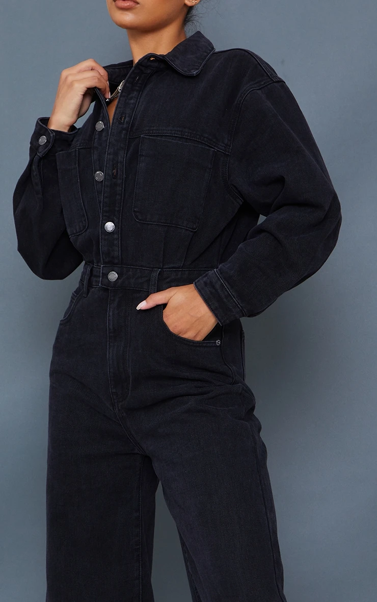 Prettylittlething Washed Black Oversized Denim Boilersuit 4 Prettylittlething Washed Black Oversized Denim Boilersuit - Image 4