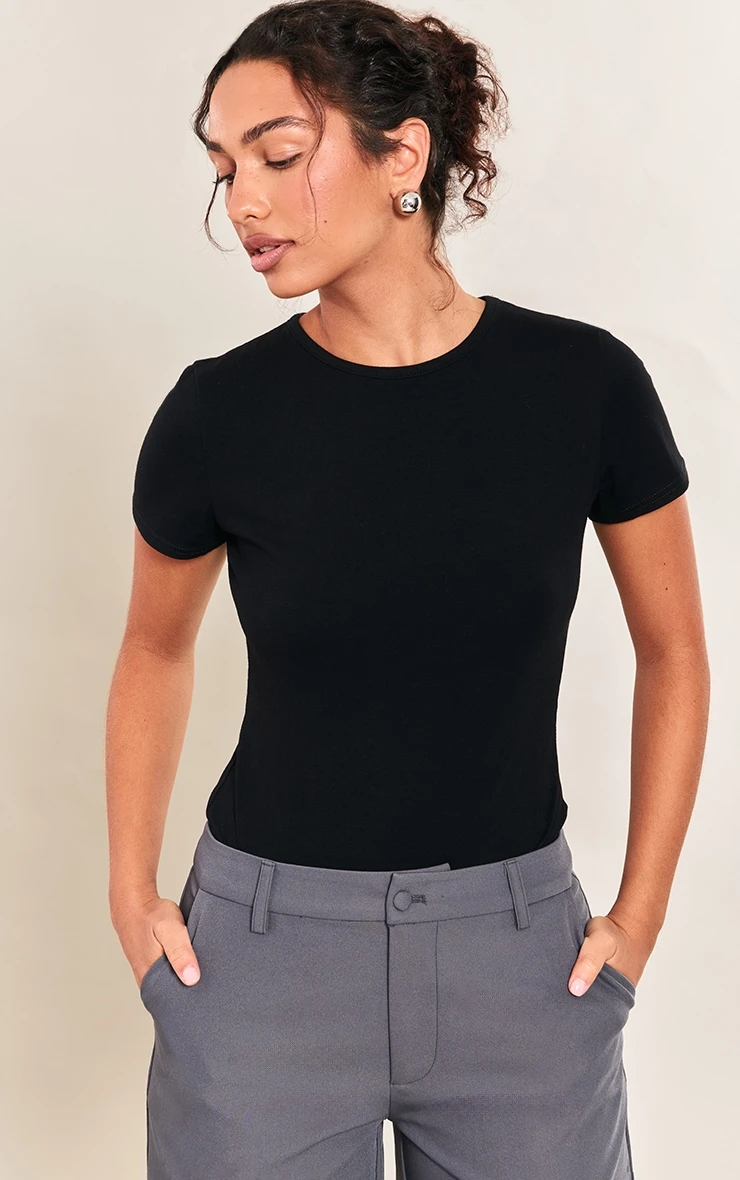 Prettylittlething Black Cotton Crew Neck Short Sleeve Bodysuit