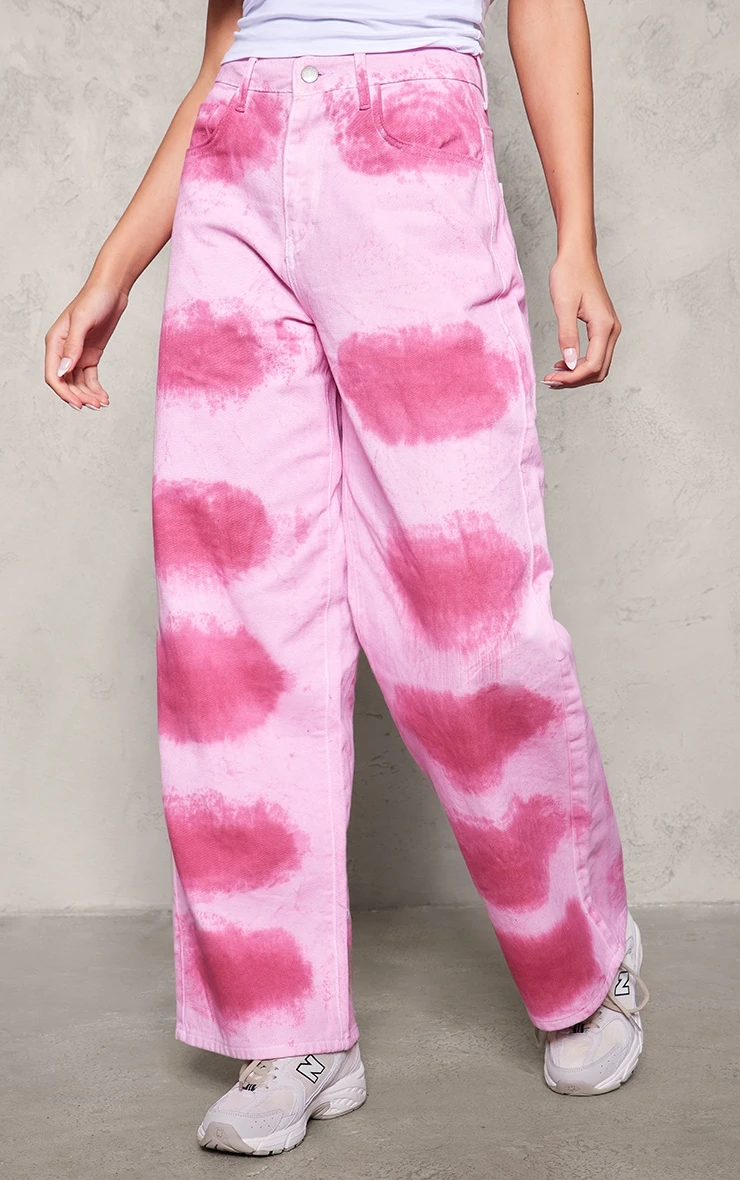 Prettylittlething Pink Tie Dye Denim Wide Leg Jeans 2 Prettylittlething Pink Tie Dye Denim Wide Leg Jeans - Image 2