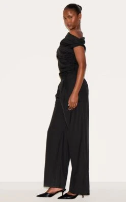 Prettylittlething Black Woven Ruched One Sleeve Jumpsuit -Pretty Little Thing Shop 3442f4a162c187ac7dd1517322de5222b6520a45 CNM0443 3 black woven ruched one sleeve jumpsuit