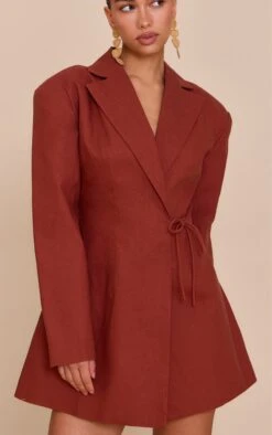 Prettylittlething Rust Linen Blend Tie Detail Blazer Dress -Pretty Little Thing Shop 344f2810c9609befc477c61335aae1e8fa656128 CNM7473 4 rust linen blend tie detail blazer dress