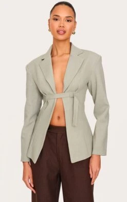 Prettylittlething Sage Strap Detail Fitted Blazer