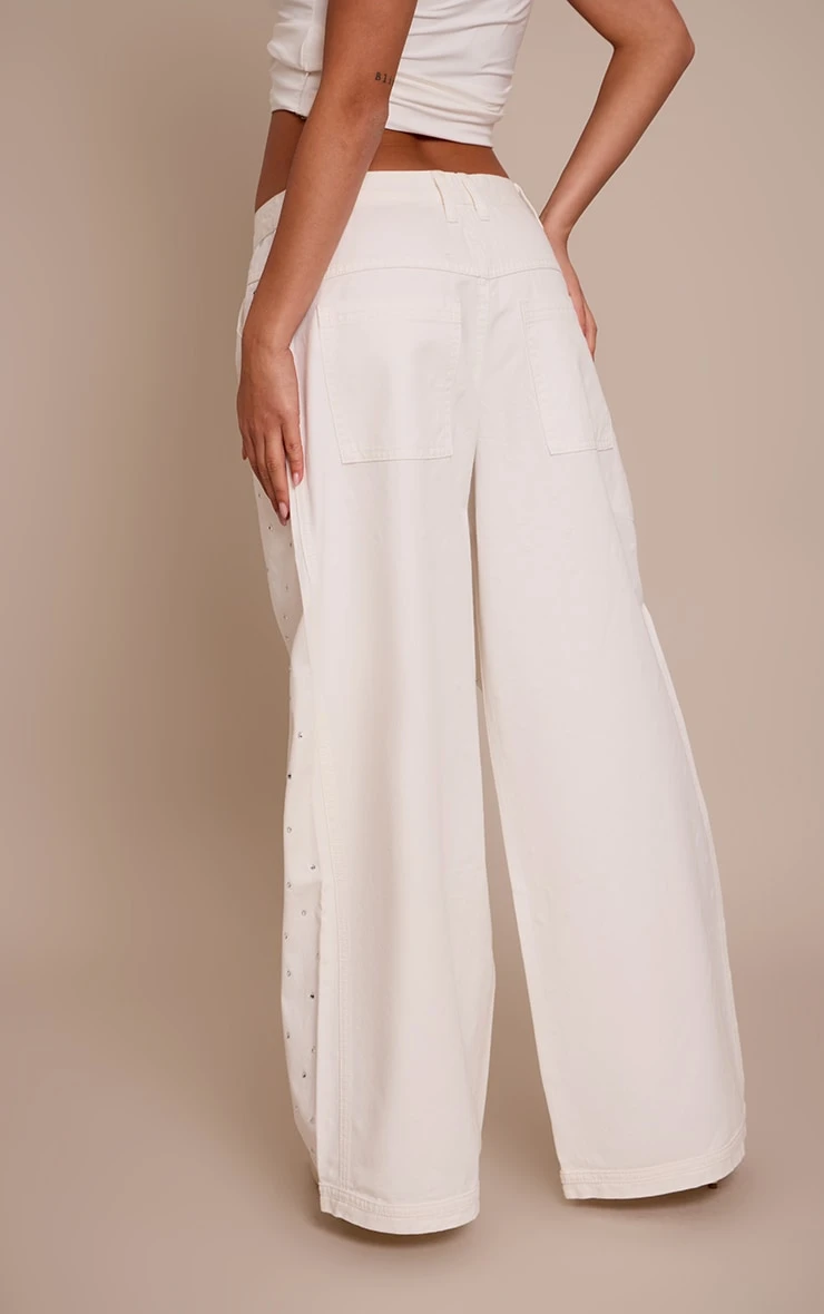 Prettylittlething White Relaxed Low Rise Diamante Wide Leg Denim Jeans - Image 3