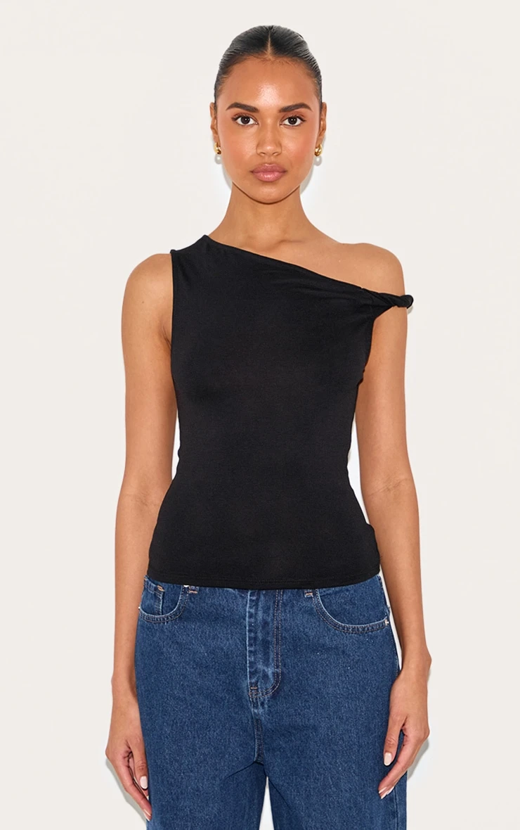 Prettylittlething Black Soft Cotton Twist Detail Long Vest Top