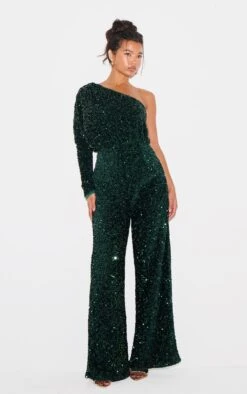Prettylittlething Emerald Green Velvet Sequin One Shoulder Wide Leg Jumpsuit