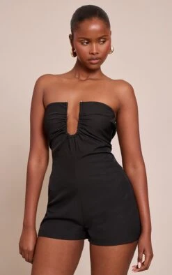 Prettylittlething Black Woven Bandeau Tailored Romper