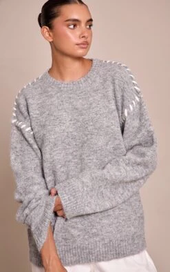 Grey Blanket Stitch Knit Sweater