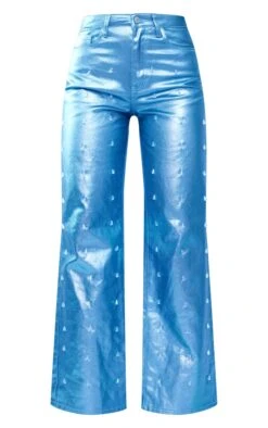 Blue Embellished Metallic Coated Denim Wide Leg Jeans -Pretty Little Thing Shop 3606bad5bbef96f949d3e673257ad5ba313e254c cnb4733 5