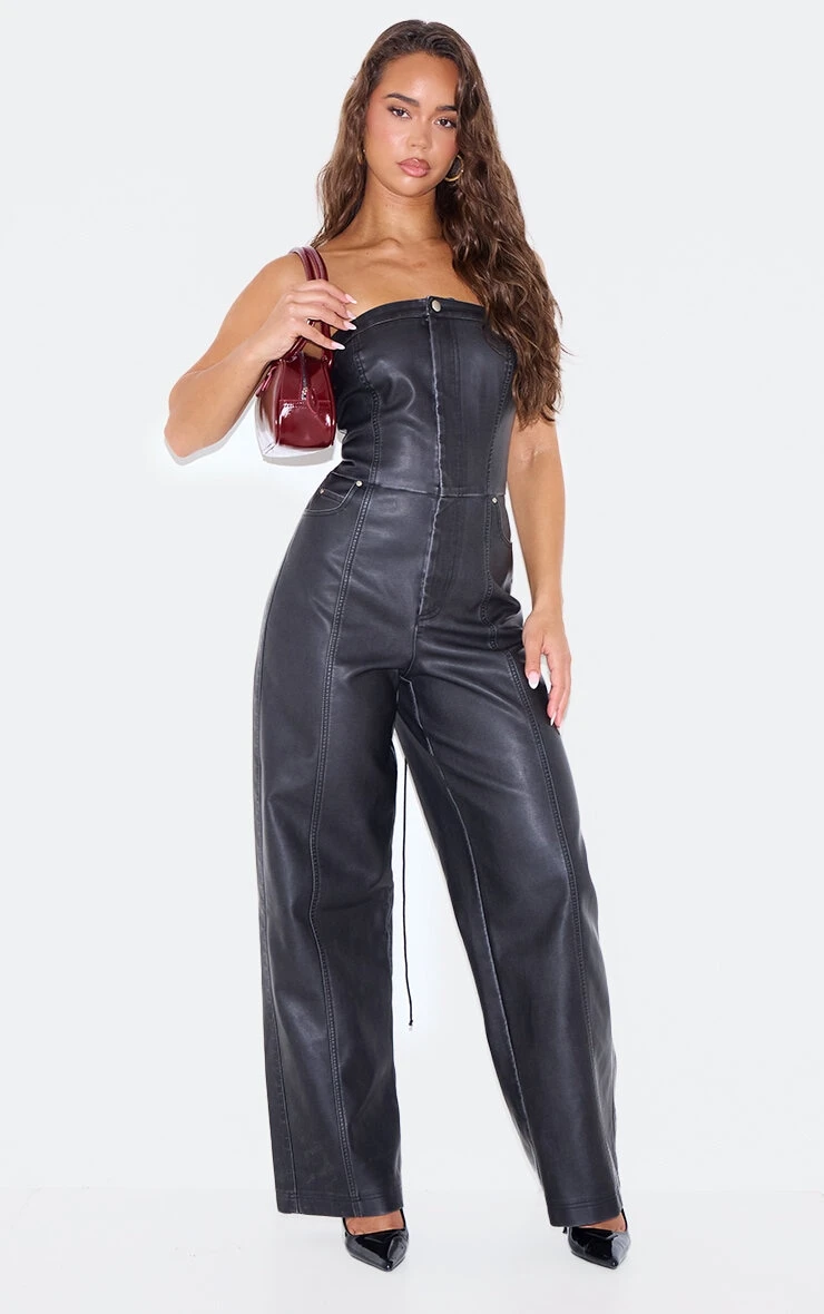 Prettylittlething Black Faux Leather Bandeau Lace Back Straight Leg Jumpsuit 1 Prettylittlething Black Faux Leather Bandeau Lace Back Straight Leg Jumpsuit