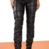 Prettylittlething Black Faux Leather Zip Front Ruched Detail Skinny Pants