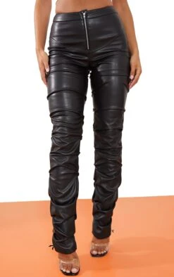 Prettylittlething Black Faux Leather Zip Front Ruched Detail Skinny Pants