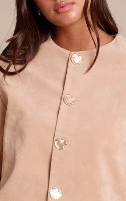Prettylittlething Sand Round Neck Gold Button Suede Jacket -Pretty Little Thing Shop 36a6d31498045b8e904c22cde84e51f480ccee3d CNN8320 4 sand round neck gold button suede jacket