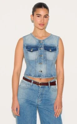 Prettylittlething Mid Blue Wash Round Neck Sleeveless Denim Crop Top
