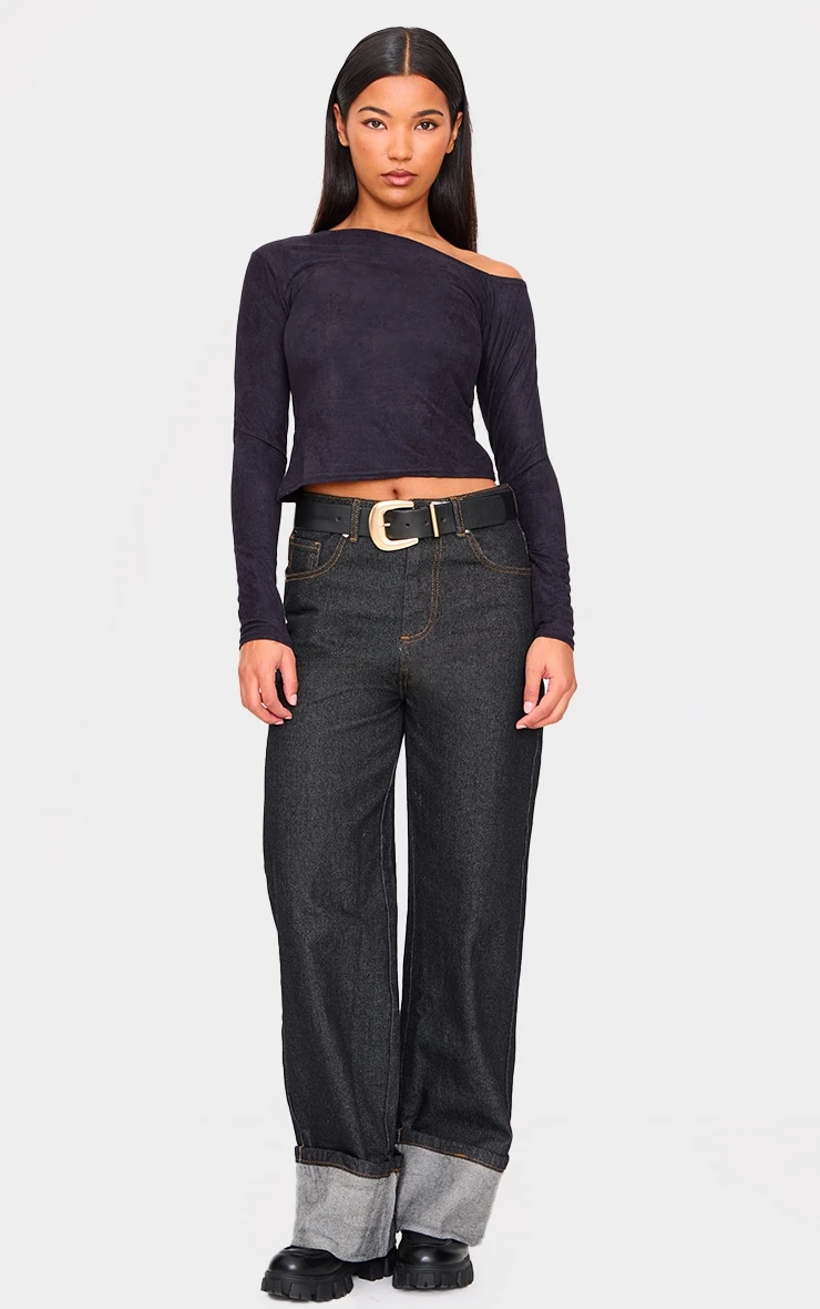 Prettylittlething Black Faux Suede Asymmetric Neck Long Sleeve Top 3 Prettylittlething Black Faux Suede Asymmetric Neck Long Sleeve Top - Image 3