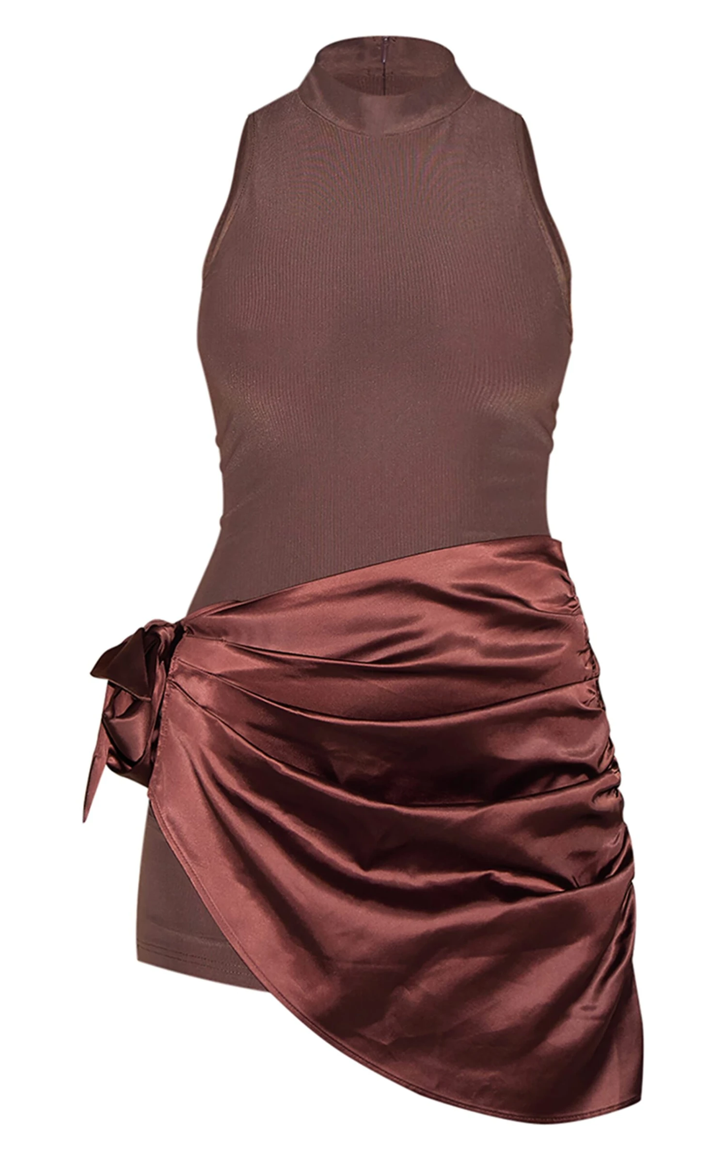 Prettylittlething Chocolate Woven High Neck Satin Drape Mini Dress - Image 5