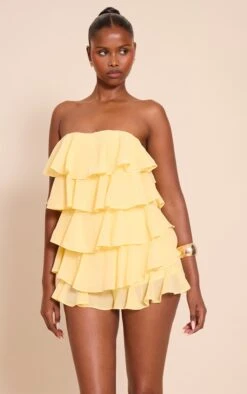 Prettylittlething Lemon Chiffon Bandeau Frill Romper