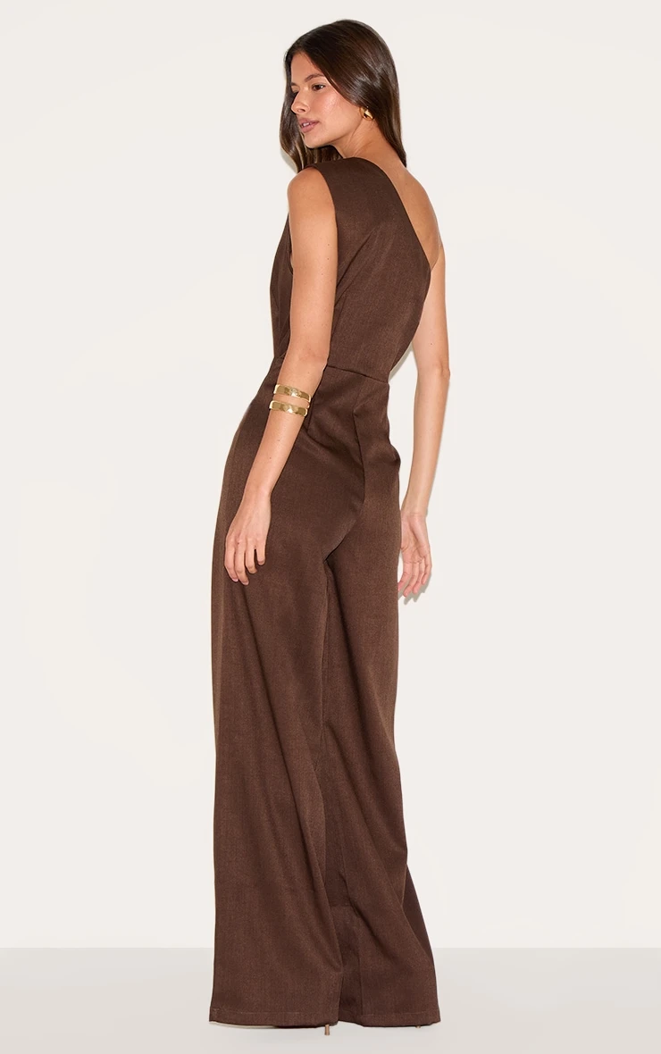 Prettylittlething Chocolate Woven One Shoulder Wide Leg Jumpsuit 2 Prettylittlething Chocolate Woven One Shoulder Wide Leg Jumpsuit - Image 2