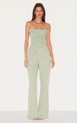 Prettylittlething Sage Green Ruch Pointed Corset Bandeau Jumpsuit