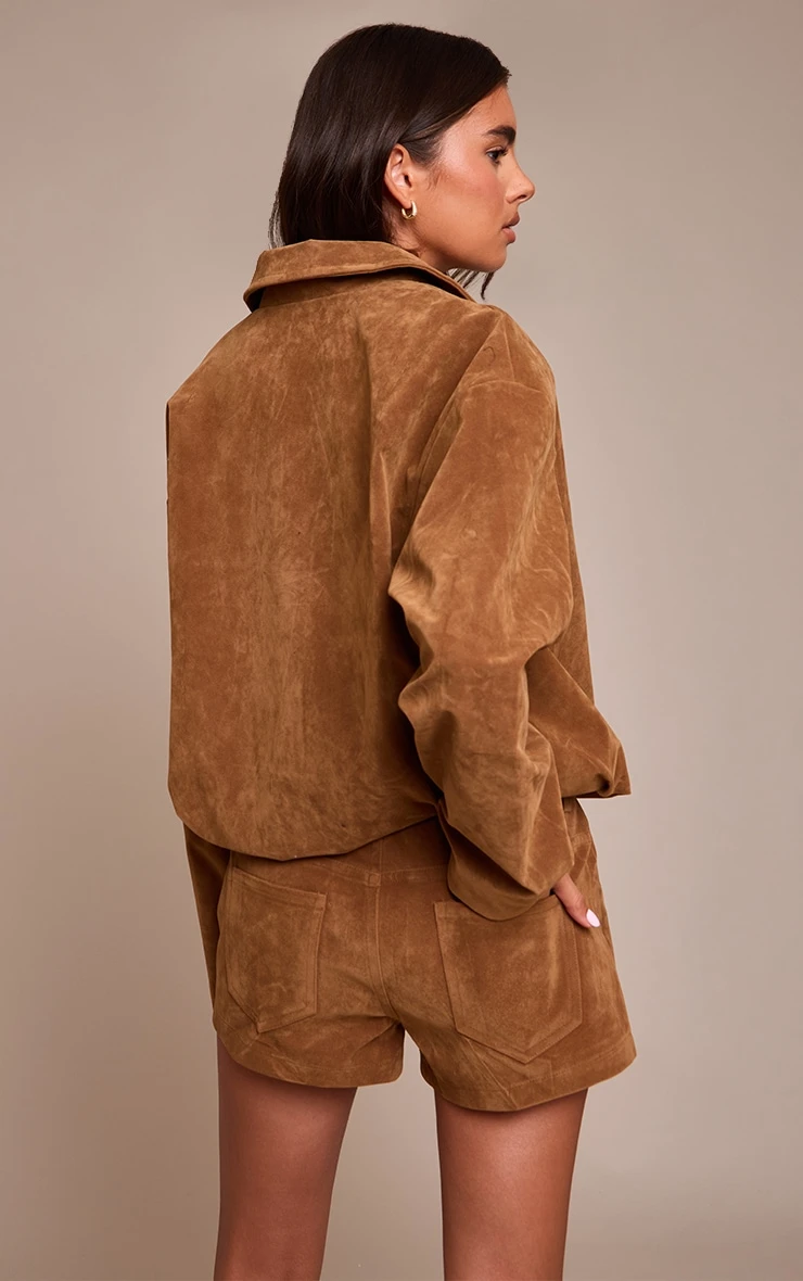 Tan Suede Zip Up Pleated Cropped Jacket 2 Tan Suede Zip Up Pleated Cropped Jacket - Image 2