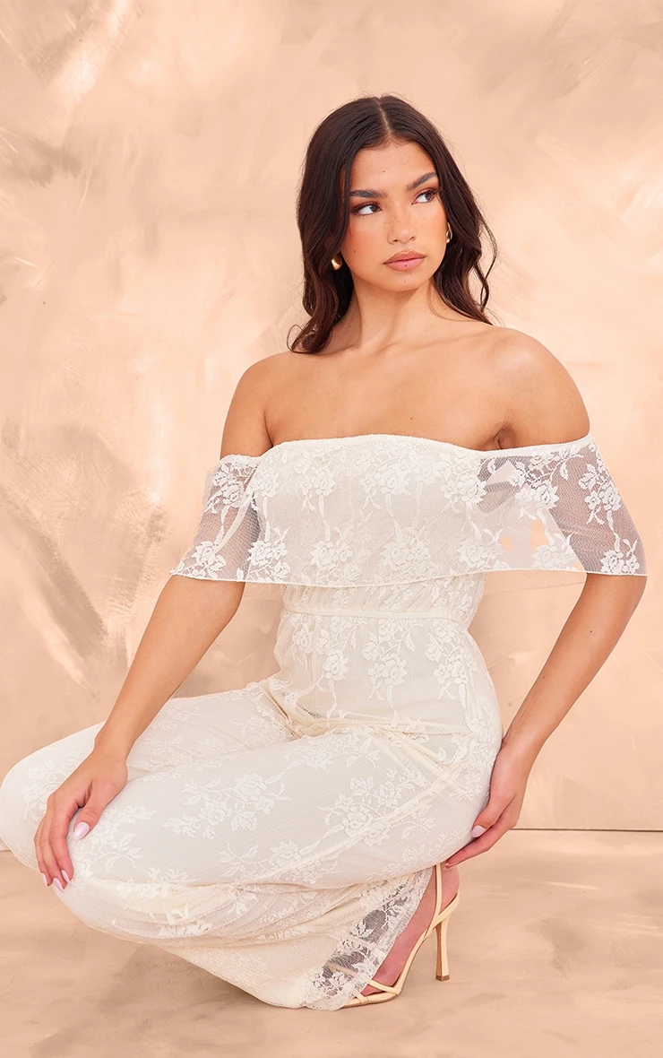 Prettylittlething Butter Cream Shimmer Floral Lace Bardot Jumpsuit 3 Prettylittlething Butter Cream Shimmer Floral Lace Bardot Jumpsuit - Image 3