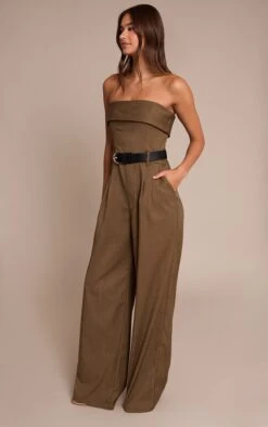 Prettylittlething Khaki Woven Bandeau Belted Wide Leg Jumpsuit -Pretty Little Thing Shop 37aff9d93bc2147adc0ca2a414f6943047d000b6 CNO4737 3 khaki woven bandeau belted wide leg jumpsuit