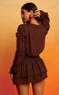 Prettylittlething Chocolate Chiffon Ruched Ruffle Mini Dress -Pretty Little Thing Shop 37b23440c6858e8eecb56e525661e7d869486d99 CNN6278 2 chocolate chiffon ruched ruffle mini dress