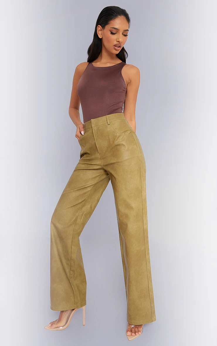 Prettylittlething Premium Olive Washed Faux Leather Straight Leg Pants 2 Prettylittlething Premium Olive Washed Faux Leather Straight Leg Pants - Image 2