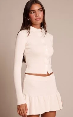 Prettylittlething Cream Button Through Knit Top