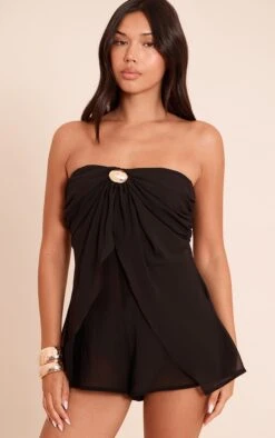 Prettylittlething Black Chiffon Trim Detail Bandeau Romper