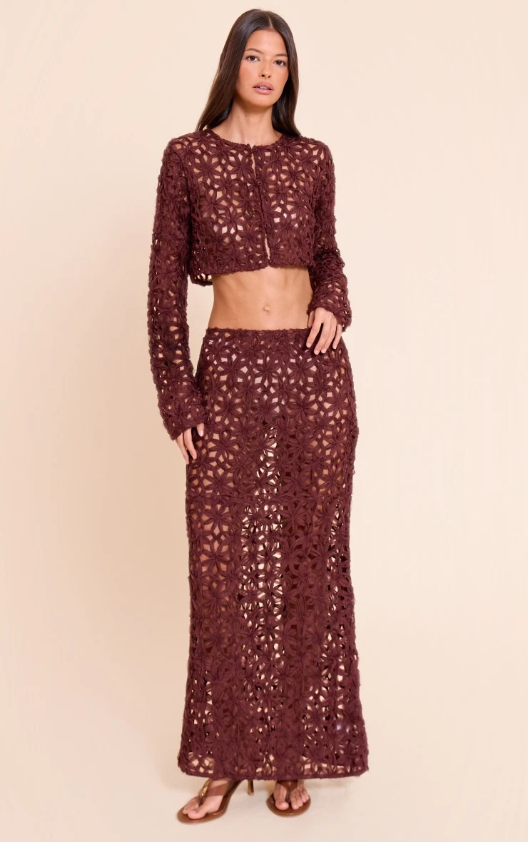 Dark Brown Textured Floral Maxi Skirt 1 Dark Brown Textured Floral Maxi Skirt