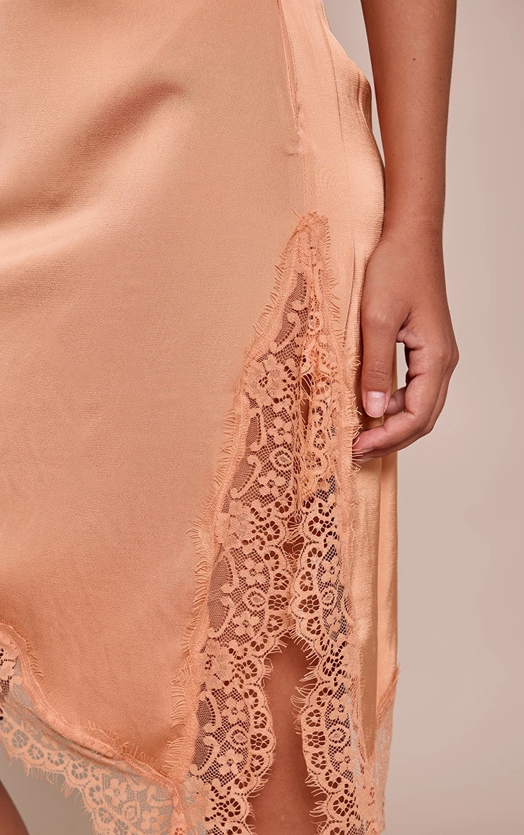Peach Satin Lace Trim Asymmetric Midi Skirt 5 Peach Satin Lace Trim Asymmetric Midi Skirt - Image 5