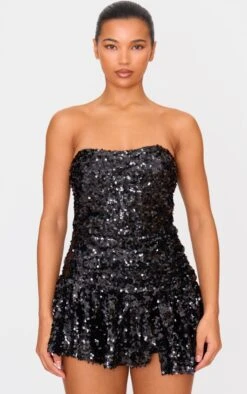 Prettylittlething Black Sequin Bandeau Pleated Skort Romper