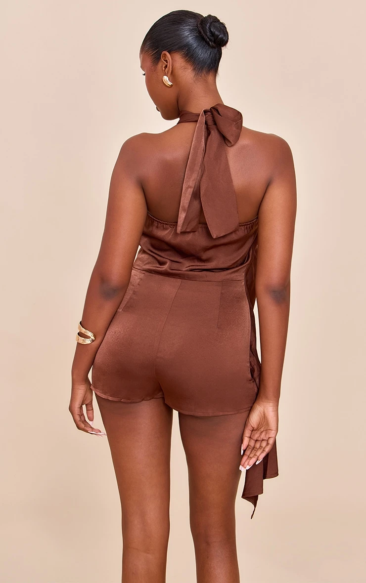 Prettylittlething Chocolate Satin Halterneck Romper 2 Prettylittlething Chocolate Satin Halterneck Romper - Image 2