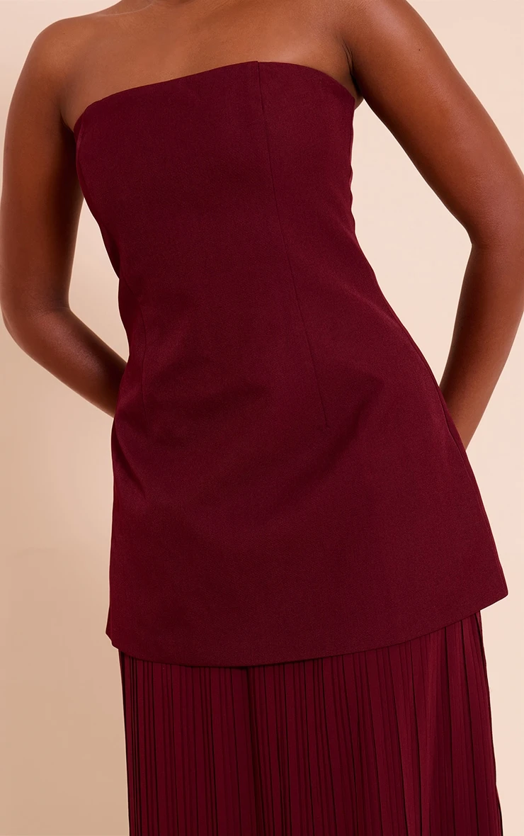 Prettylittlething Burgundy Bandeau Pleated Chiffon Skirt Panel Maxi Dress - Image 4