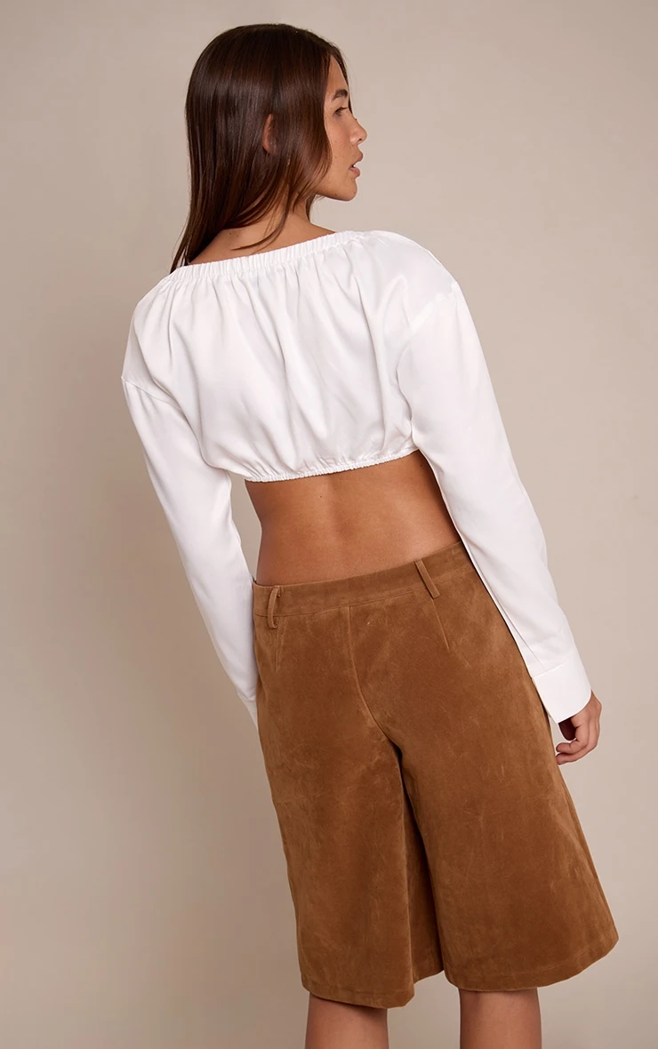 Prettylittlething White Satin Bardot Twist Front Crop Blouse 2 Prettylittlething White Satin Bardot Twist Front Crop Blouse - Image 2