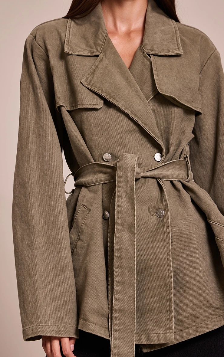Prettylittlething Olive Belted Cropped Denim Trench 4 Prettylittlething Olive Belted Cropped Denim Trench - Image 4