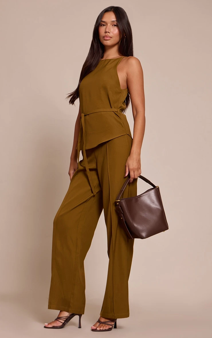 Prettylittlething Khaki Woven Belt Tied Straight Leg Jumpsuit 3 Prettylittlething Khaki Woven Belt Tied Straight Leg Jumpsuit - Image 3