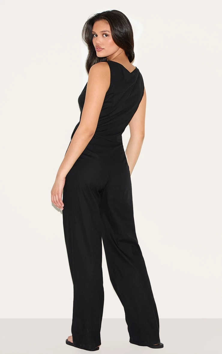 Prettylittlething Black Linen Blend Vest Detail Straight Leg Jumpsuit - Image 2