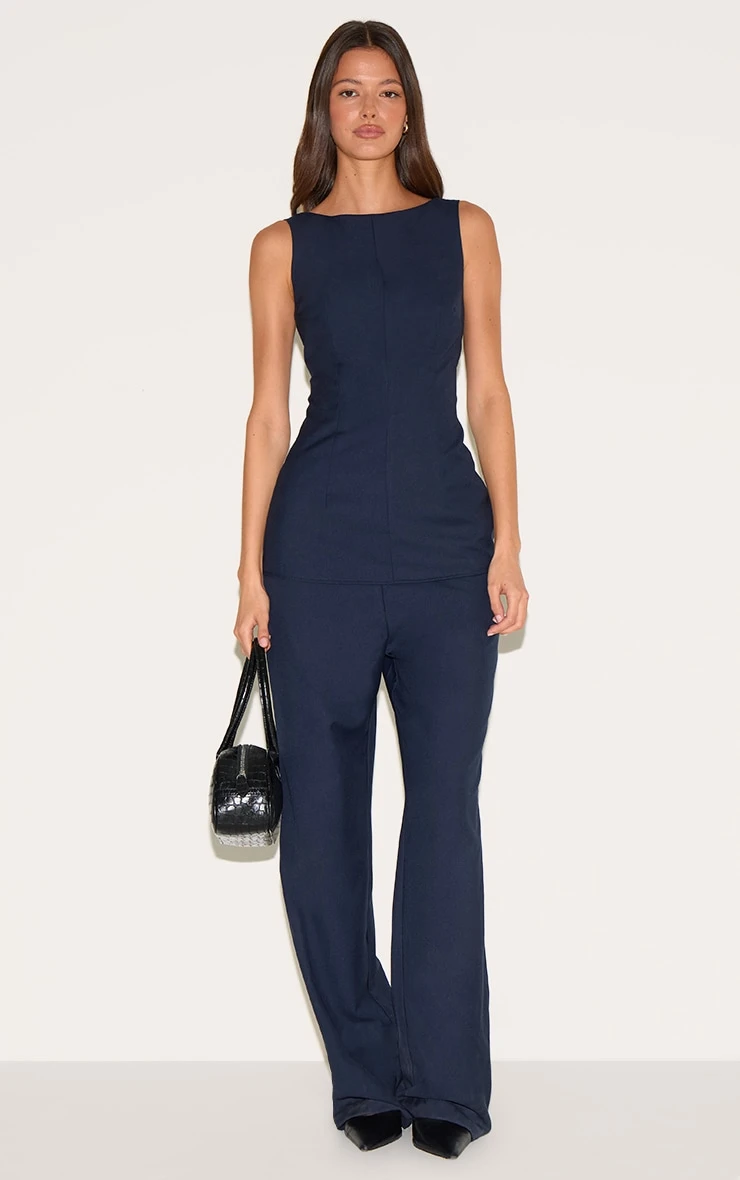 Prettylittlething Indigo Blue Tailored Woven Boat Neck Longline Jumpsuit