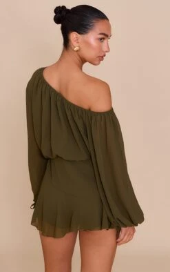 Prettylittlething Dark Olive Chiffon One Shoulder Floaty Skort Romper -Pretty Little Thing Shop 39a238ff20eb1e21888b90c3e52afbf4542008d4 CNM7688 2 dark olive chiffon one shoulder floaty skort playsuit