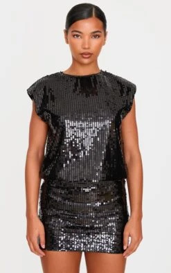 Prettylittlething Black Sequin Shoulder Pad Sleeveless Bodycon Dress