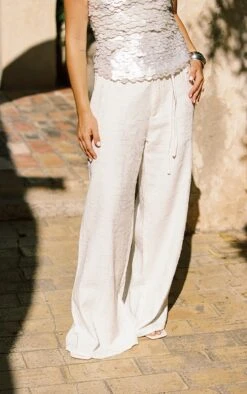 Prettylittlething White Textured Tie Detail Wide Leg Pants