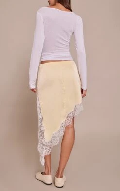 Lemon Satin Lace Trim Asymmetric Midi Skirt -Pretty Little Thing Shop 3a3f64eceefa4175cf2a01b345091b73956de00f CNN9326 3 lemon satin lace trim asymmetric midi skirt