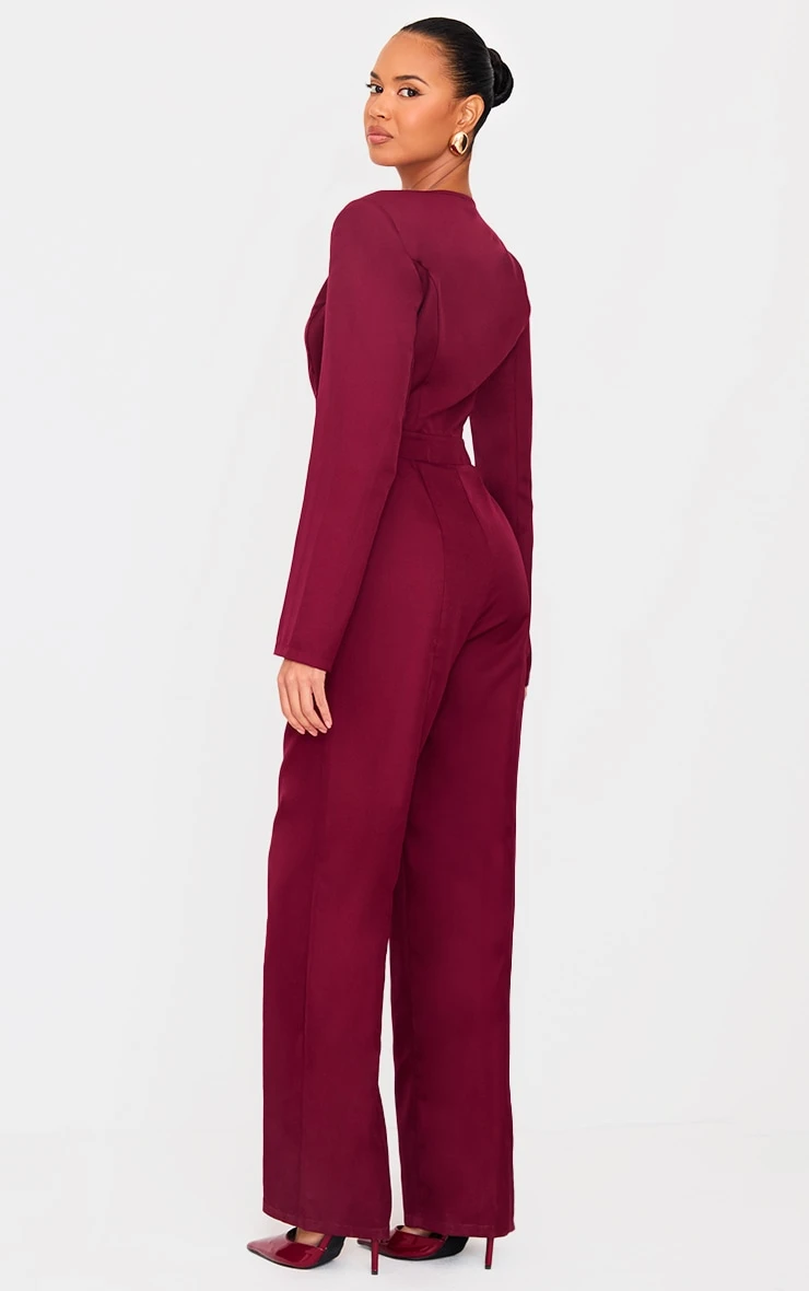 Prettylittlething Burgundy Woven Plunge Long Sleeve Straight Leg Jumpsuit 2 Prettylittlething Burgundy Woven Plunge Long Sleeve Straight Leg Jumpsuit - Image 2