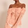 Peach Fitted Lace Flared Sleeve Bardot Top