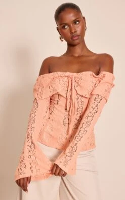 Peach Fitted Lace Flared Sleeve Bardot Top