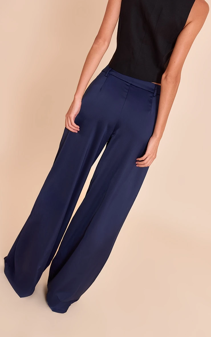 Navy Satin Tailored Detail Wide Leg Pants - Image 3