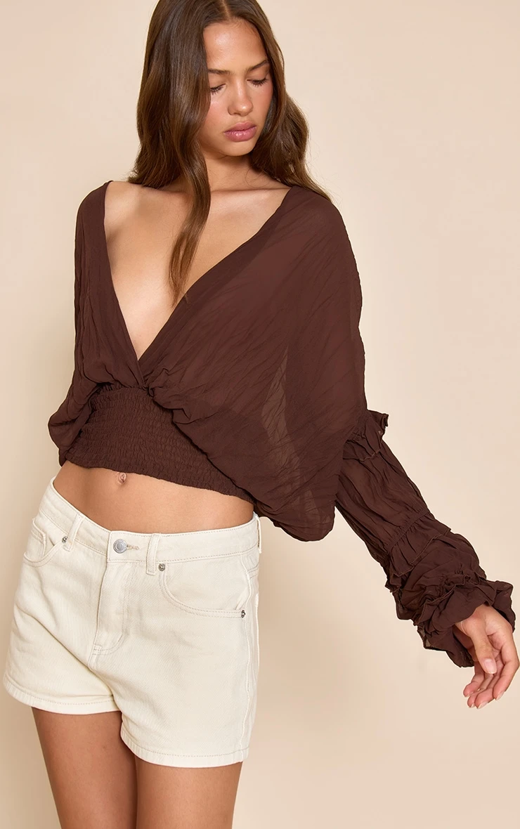 Prettylittlething Chocolate Chiffon Ruffle Detail Plunge Blouse 1 Prettylittlething Chocolate Chiffon Ruffle Detail Plunge Blouse